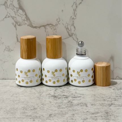 10mL White w/Gold Hot Stamped Dots (words: "grace" &; "charm") Essential Oil Bottles ~ Pack of 3