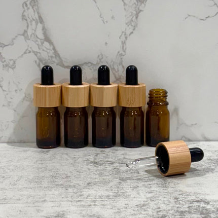 5mL Amber Glass Essential Oil Bottles with Bamboo & Black Tops ~ Pack of 5