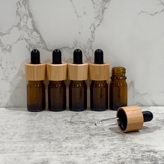 5mL Amber Glass Essential Oil Bottles with Bamboo & Black Tops ~ Pack of 5