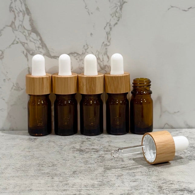 5mL Amber Glass Essential Oil Bottles with Bamboo & White Tops ~ Pack of 5