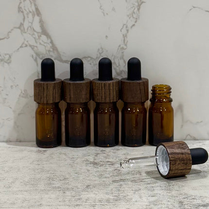 5mL Amber Glass Essential Oil Bottles with Ash Wood & Black Tops ~ Pack of 5