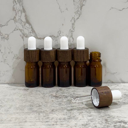 5mL Amber Glass Essential Oil Bottles with Ash Wood & White Tops ~ Pack of 5