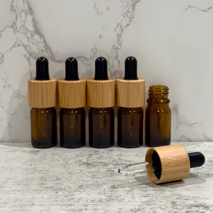5mL Amber Glass Essential Oil Bottles with Bamboo & Black Tops ~ Pack of 5