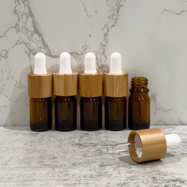 5mL Amber Glass Essential Oil Bottles with Bamboo & White Tops ~ Pack of 5