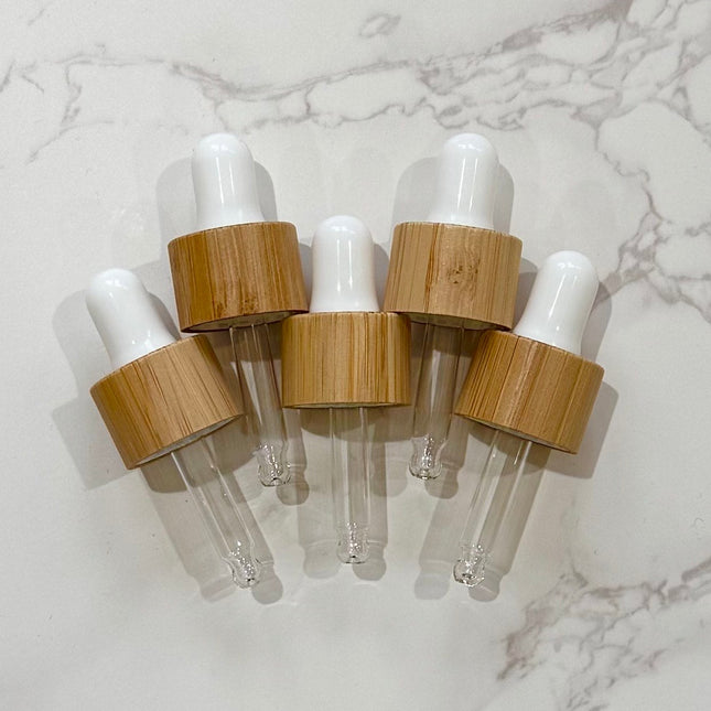 Set of 5 Bamboo & White Dropper Tops – 18-410 Cap Size – Fits 5mL Essential Oil Bottles – DIY Aromatherapy Accessories