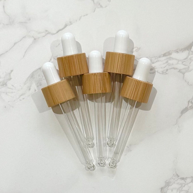Set of 5 Bamboo & White Dropper Tops – 18-410 Cap Size – Fits 30mL Essential Oil Bottles – DIY Aromatherapy Accessories