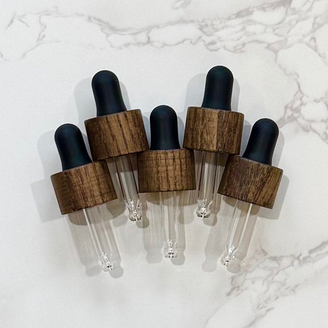 Set of 5 Ash Wood & Black Dropper Tops – 18-410 Cap Size – Fits 5mL Essential Oil Bottles – DIY Aromatherapy Accessories