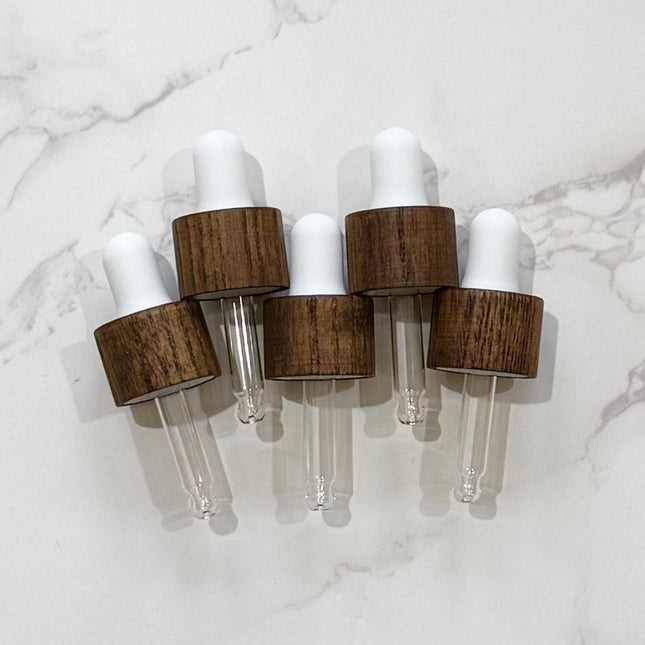 Set of 5 Ash Wood & White Dropper Tops – 18-410 Cap Size – Fits 5mL Essential Oil Bottles – DIY Aromatherapy Accessories