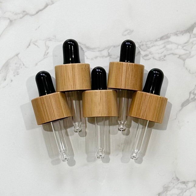 Set of 5 Bamboo & Black Dropper Tops – 18-410 Cap Size – Fits 5mL Essential Oil Bottles – DIY Aromatherapy Accessories