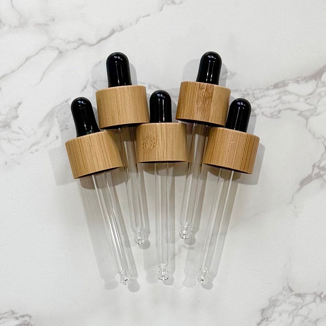 Set of 5 Bamboo & Black Dropper Tops – 18-410 Cap Size – Fits 30mL Essential Oil Bottles – DIY Aromatherapy Accessories