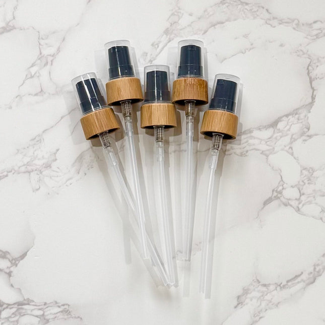 Set of 5 Bamboo & Black Lotion Pump Tops – 18-410 Neck Size – Perfect for DIY Essential Oil Bottles
