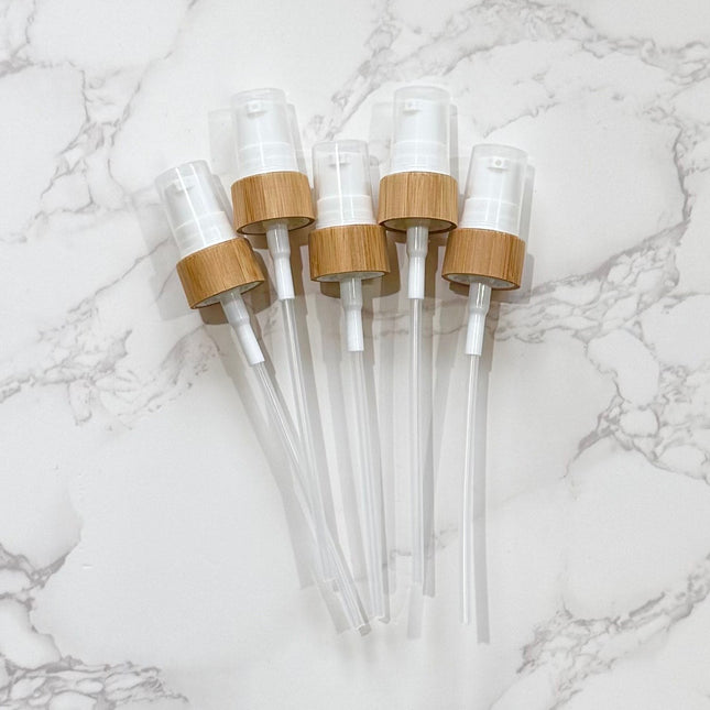 Set of 5 Bamboo & White Lotion Pump Tops – 18-410 Neck Size – Perfect for DIY Essential Oil Bottles