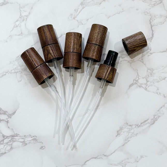 Set of 5 Ash Wood & Black Mist Sprays with Ash Wood Caps – 18-415 Neck Size – Eco-Friendly DIY Bottle Accessories