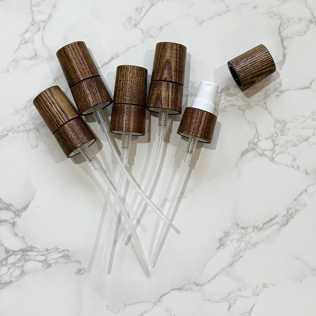 Set of 5 Ash Wood & White Mist Sprays with Ash Wood Caps – 18-415 Neck Size – Eco-Friendly DIY Bottle Accessories