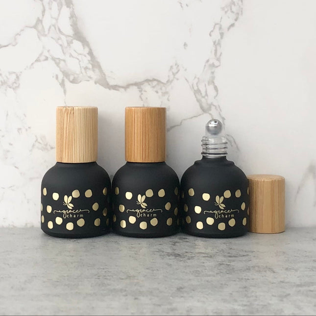 10mL Black w/Gold Hot Stamped Dots (words: "grace" &; "charm") Essential Oil Bottles ~ Pack of 3